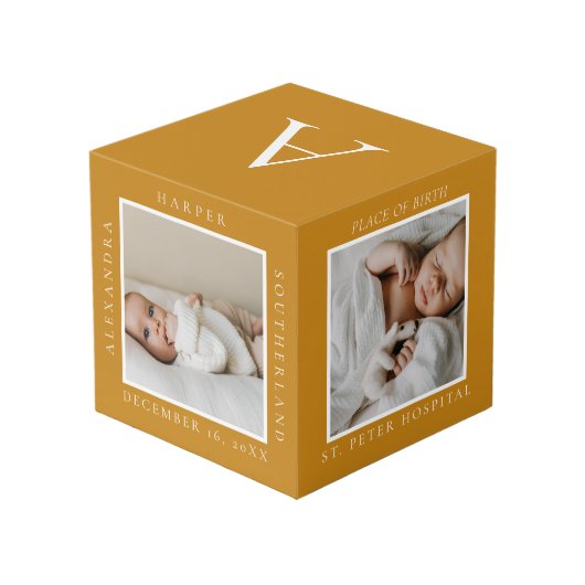 Minimaler Babyname und Geburtsstat Foto Keepake Würfel (Rückseite Schrägansicht)