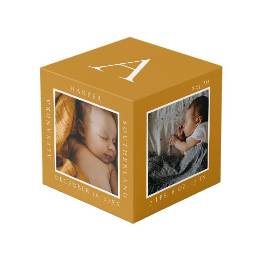 Minimaler Babyname und Geburtsstat Foto Keepake Würfel (Vorderseite Schrägansicht)