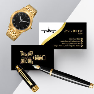 Minimaler Beruflicher QR Code Black Gold Pilot Visitenkarte