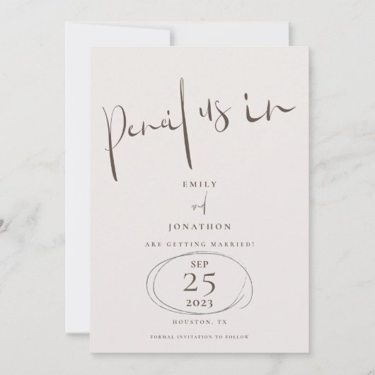 Minimaler Bleistift in informeller Schrift Cream B Save The Date (Vorderseite)