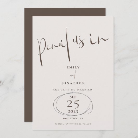 Minimaler Bleistift in informeller Schrift Cream B Save The Date (Vorne/Hinten)