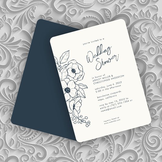 Minimaler botanischer Navy Blauer Polterabend Einladung