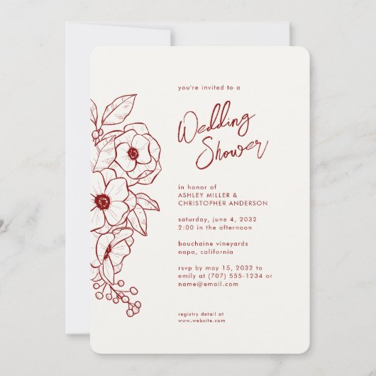 Minimaler botanischer Ruby Roter Polterabend Einladung (Vorderseite)