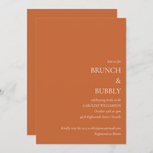 Minimaler Brunch Bubbly Brautparty Burnt Orange Einladung (Vorne/Hinten)