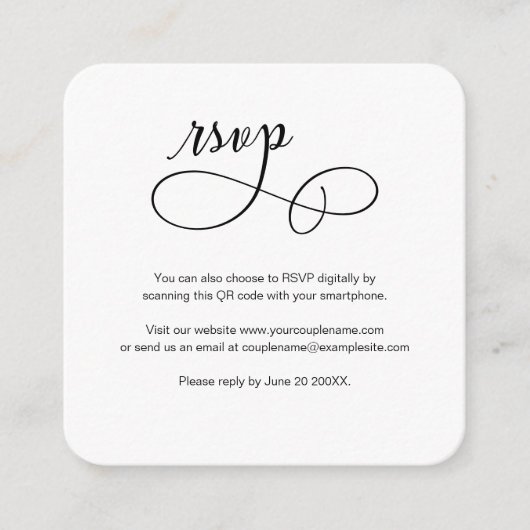 Minimaler Budget Script QR Code Hochzeit RSVP Kart Begleitkarte (Vorderseite)