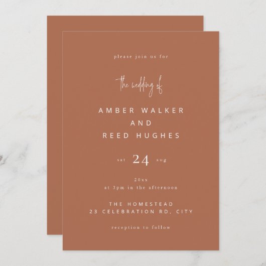 Minimaler Copper Hochzeit Moderner Script-Schrifta Einladung (Vorne/Hinten)