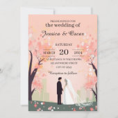 Minimaler Couple Cartoon mit Blume Hochzeit Einladung (Vorderseite)