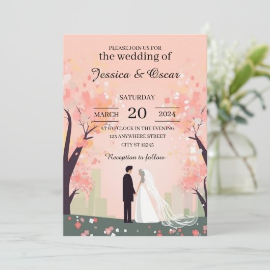 Minimaler Couple Cartoon mit Blume Hochzeit Einladung (Stehend Vorderseite)