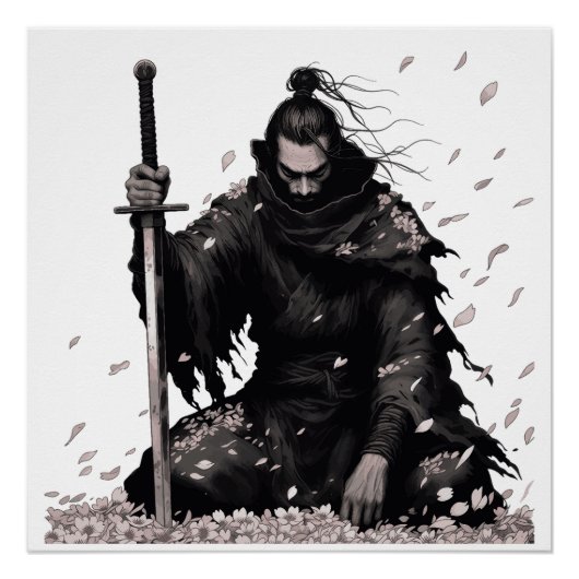 Minimaler dunkler Samurai-Krieger mit Kirschblüten Poster (Vorderseite)