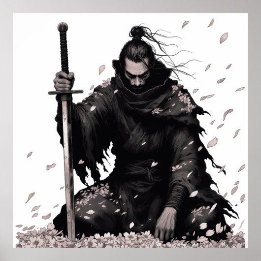 Minimaler dunkler Samurai-Krieger mit Kirschblüten Poster (Vorne)