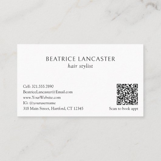 Minimaler einfacher QR Code Moderner Friseur Elega Visitenkarte (Rückseite)