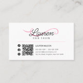 Minimaler einfacher weißer Pink-Haarstylist QR-Cod Visitenkarte (Vorderseite)