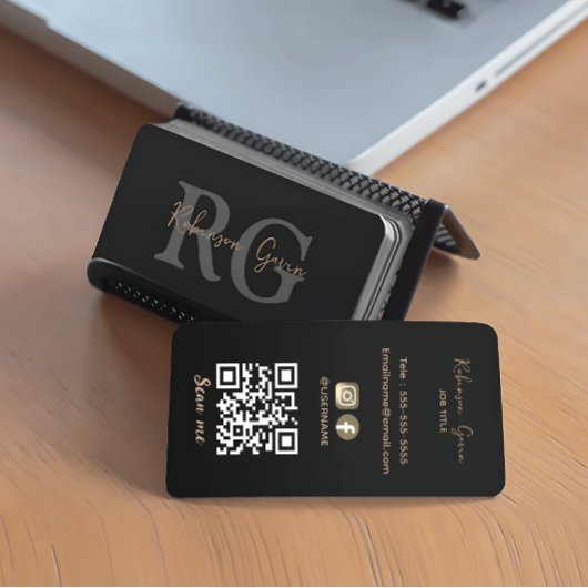 Minimaler Elegant-Monogramm-schwarzer QR-Code Visitenkarte