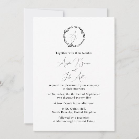 Minimaler Eleganter Botanischer Monogramm-Kranz Einladung (Vorderseite)