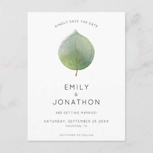 Minimaler Eukalyptus-Leaf Save the Date Ankündigungspostkarte (Vorderseite)