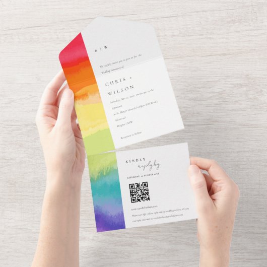 Minimaler farbenfroher Rainbow-Hochzeitsscode QR All In One Einladung (Abreißen)