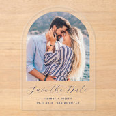 Minimaler Foto Navy Blue Script Arch Save the Date Acryleinladungen (Vorderseite)