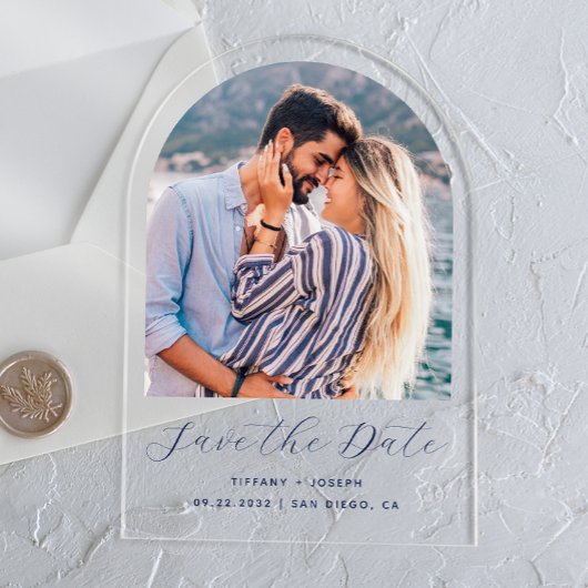 Minimaler Foto Navy Blue Script Arch Save the Date Acryleinladungen