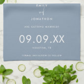 Minimaler Foto Text Dusty Blau Save the Date Geschirrtuch (Gefaltet)