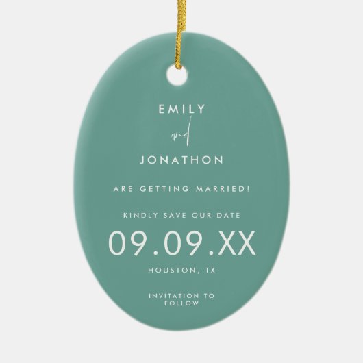 Minimaler Foto-Text Save the Date Aquamarin Keramik Ornament (Vorne)