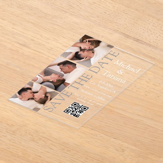 Minimaler Fotostand 3 Fotos qm-Code Save the Date Acryleinladungen (Ablage )