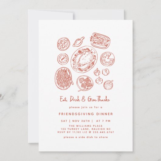 Minimaler handgezogener Friendsgiving-Dinner Fall Einladung (Vorderseite)