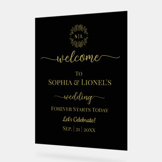 Minimaler Hochzeitschwarz und Gold Empfang Mattier Acrylschild (Winkel)