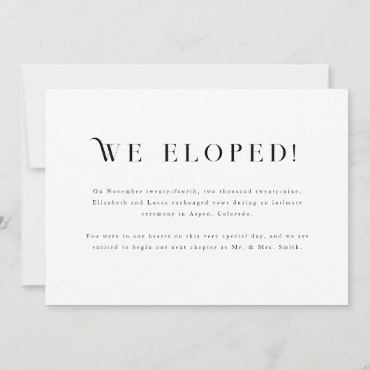 Minimaler klassischer Schwarz-Weiß-Hochzeitstil Ankündigung (Rückseite)