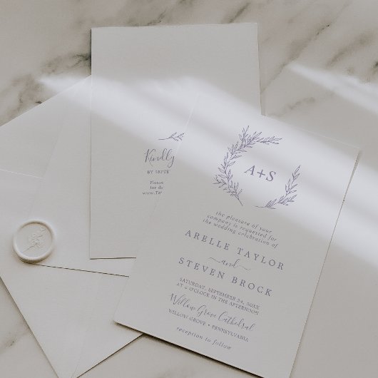 Minimaler Leaf Dusty Lila Monogram QR Code Wedding Einladung