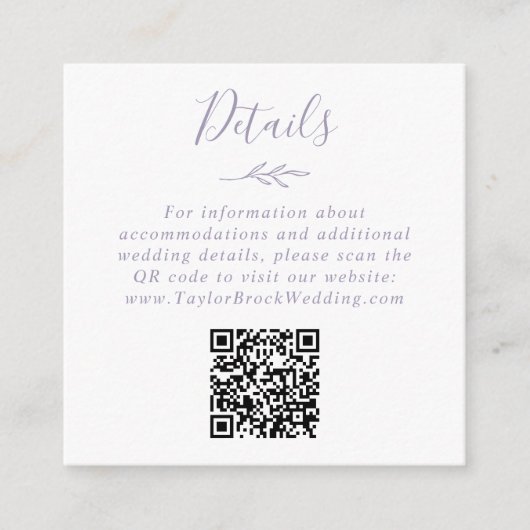 Minimaler Leaf Dusty Lila QR Code Hochzeitsdetails Begleitkarte (Vorderseite)