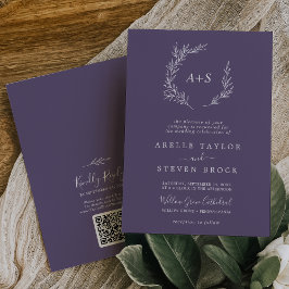 Minimaler Leaf Pum Lila Monogram QR Code Hochzeite Einladung