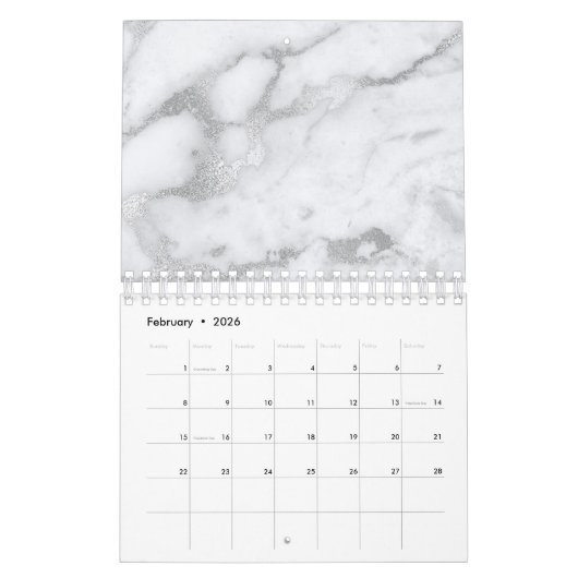 Minimaler Marmor Weißgraue Silberne Rose Goldstein Kalender (Feb 2026)
