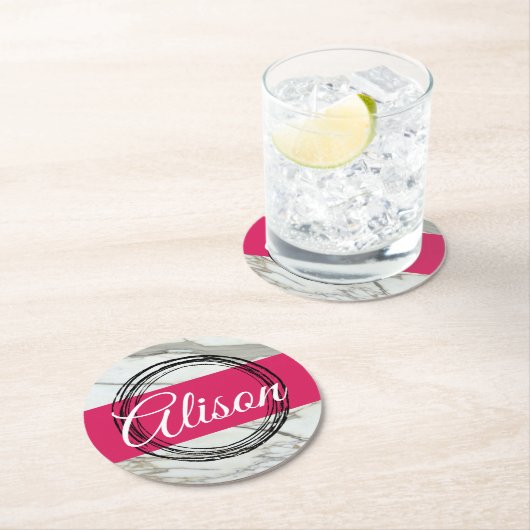 Minimaler Marmorentwurf Namenstext hinzufügen Runder Pappuntersetzer (Vor Ort)