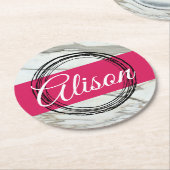 Minimaler Marmorentwurf Namenstext hinzufügen Runder Pappuntersetzer (Angewinkelt)