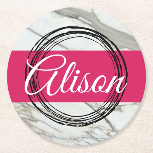 Minimaler Marmorentwurf Namenstext hinzufügen Runder Pappuntersetzer (Vorderseite)
