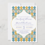 Minimaler marokkanischer Tiles Blue Golden QR Code Einladung (Vorderseite)