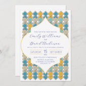 Minimaler marokkanischer Tiles Blue Golden QR Code Einladung (Vorne/Hinten)