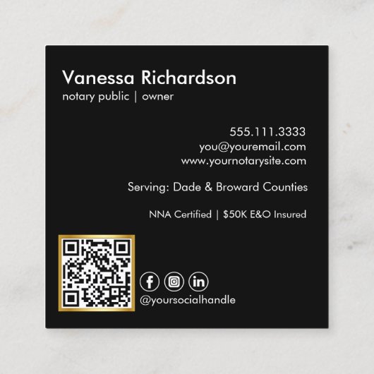 Minimaler moderner Black & Gold QR Code Notar Quadratische Visitenkarte (Rückseite)