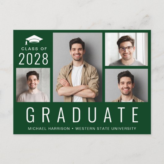 Minimaler moderner Foto Collage Green Abschluss Ankündigungspostkarte (Vorderseite)