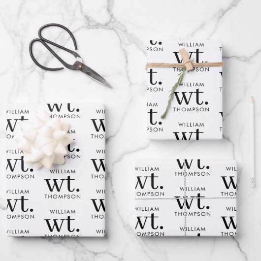 Minimaler moderner Schwarz-Weiß-Mit Monogramm Name Geschenkpapier Set (Vorderseite)