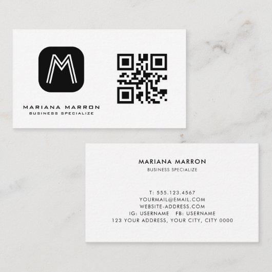 Minimaler Monogram Custom QR Code Basic Visitenkarte (Vorne/Hinten)