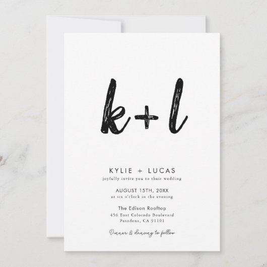 Minimaler Monogramm-Schwarz-Weiß-Qr-Code Hochzeit Einladung (Vorderseite)