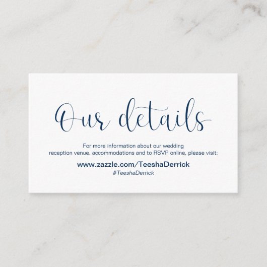 Minimaler, navy-blauer Schriftart, Hochzeitdetails Begleitkarte (Vorderseite)