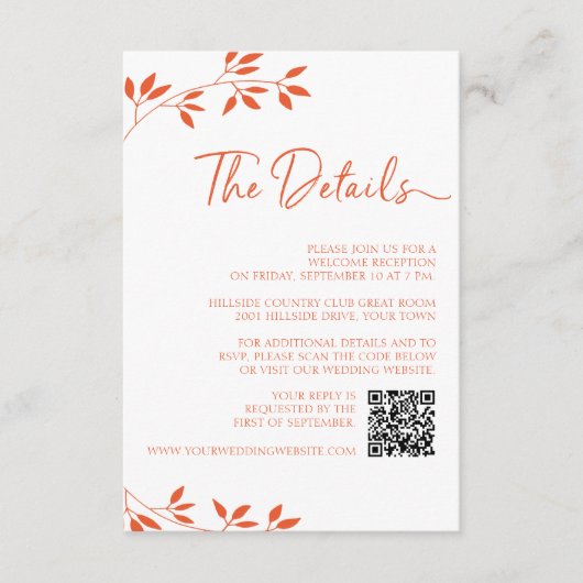 Minimaler Orange Wedding RSVP Online QR Code Detai Begleitkarte (Vorderseite)