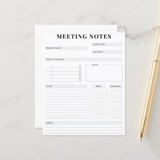 Minimaler professioneller Meeting Notes-Planer (Vorderseite/Rückseite Beispiel)
