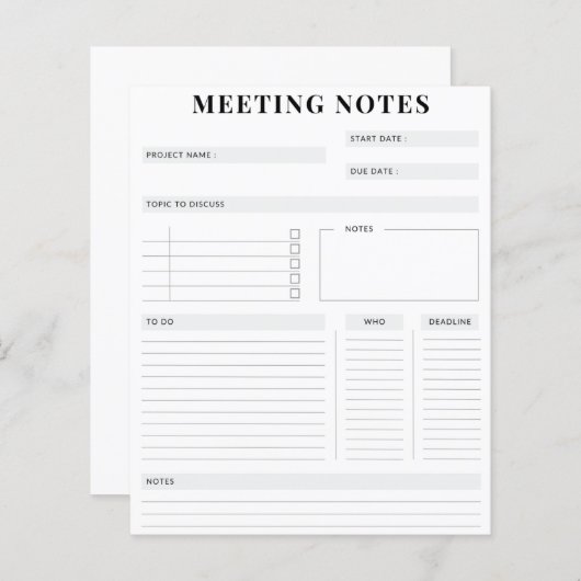 Minimaler professioneller Meeting Notes-Planer (Vorne/Hinten)