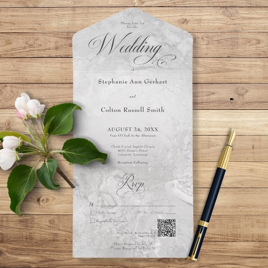 Minimaler QR-Code für modernen grauen Marmor All In One Einladung