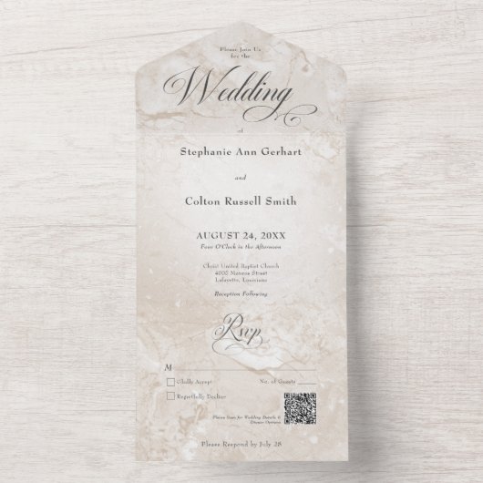 Minimaler QR-Code für modernen Tan-Marmor All In One Einladung (Innen Boden)