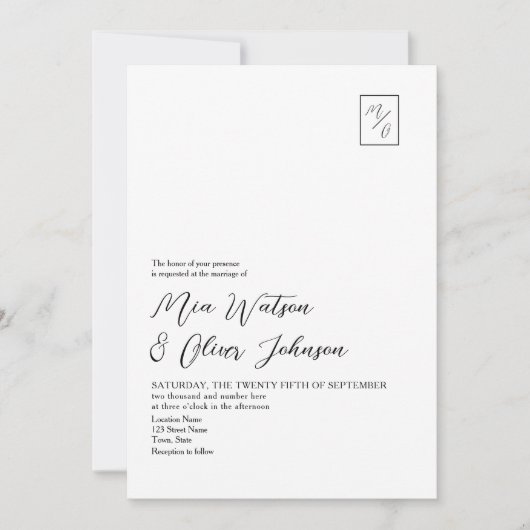 Minimaler QR-Code für Schwarz-Weiß-Monogramm Einladung (Vorderseite)