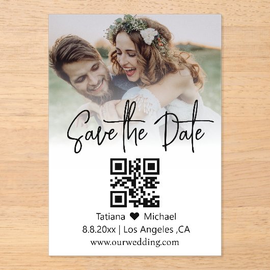 minimaler qr-Code verblasst Foto Save the Date Acryleinladungen (Vorderseite)